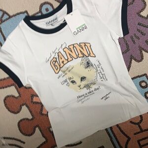Retro Ganni Have a Nice Day Kitten Graphic Ringer Tee White Black size Large